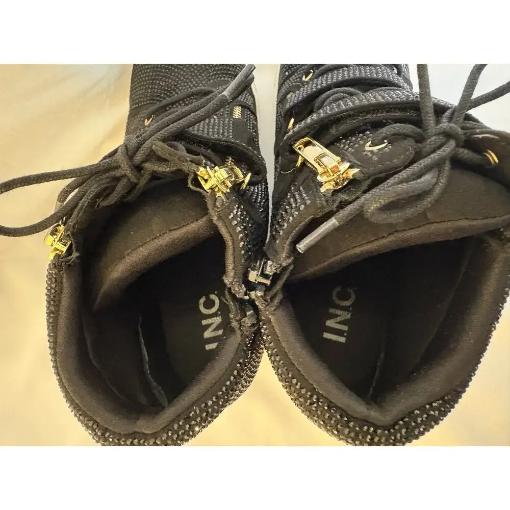 INC International Concepts Debby Rhinestone Wedge Sneakers Black Gold Sz 10